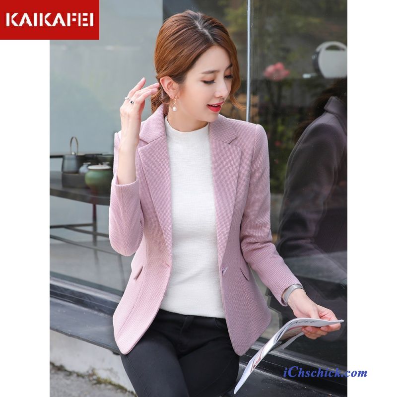 Bekleidung Anzugjacke Feder Kleiner Stil Blazer Dünn Gitter Rosa Rot Billig