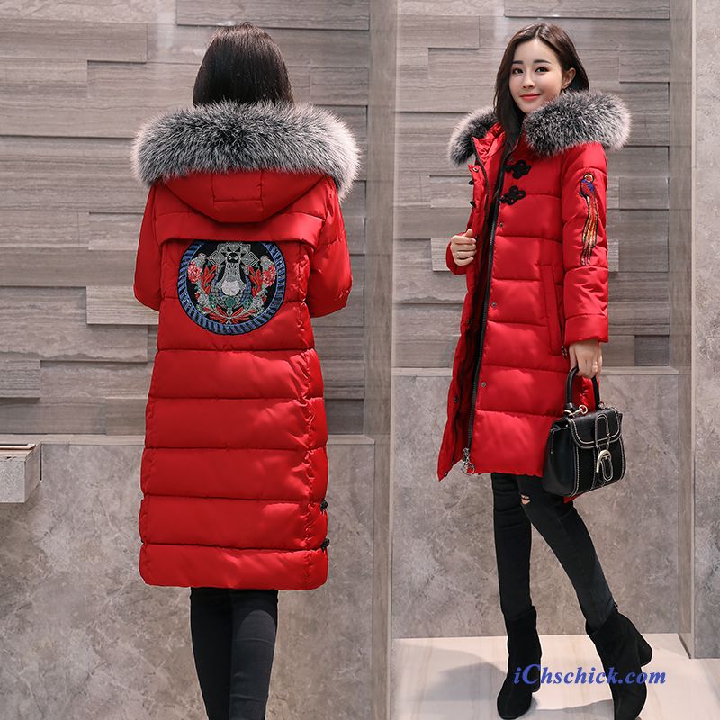 Bekleidung Baumwolle Mantel Pelz Kragen Damen Winter Bestickt Neu Rot Billige