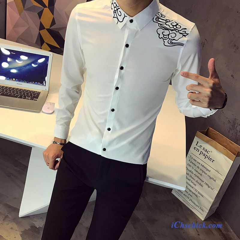 Bekleidung Hemden Outwear Teenager Stickerei Chinesischer Stil Herren Weiß Geschäft