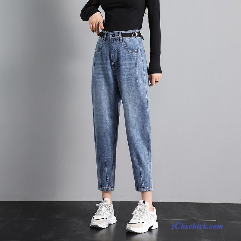 Bekleidung Jeans Damen Hohe Taille Dünn Gerade Trend Dunkelblau Billige