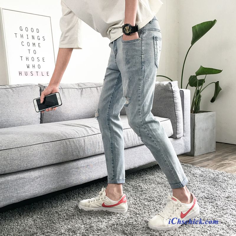 Bekleidung Jeans Dünn Trend Elastisch Löcher Neue Produkte Blau Kaufen