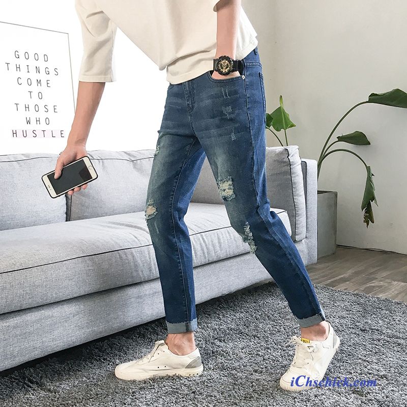Bekleidung Jeans Dünn Trend Elastisch Löcher Neue Produkte Blau Kaufen