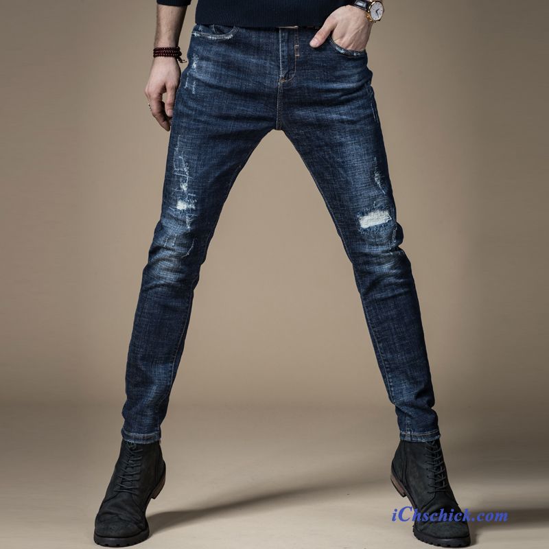 Bekleidung Jeans Herren Elastisch Löcher Hosen Herbst Blau Online