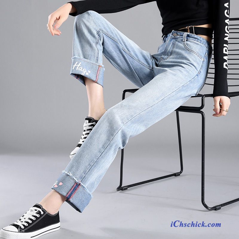 Bekleidung Jeans Lose Dünn Weites Bein Trend Damen Dunkelblau Günstige