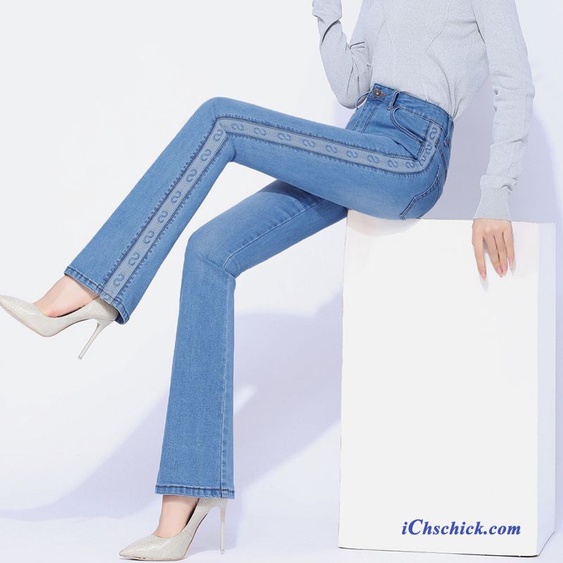 Bekleidung Jeans Neu Ausgestellte Jeans Hohe Taille Stickerei Horn Navy Blue Kaufen