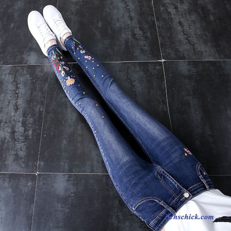 Bekleidung Jeans Schlank Neu Damen Stickerei Feder Dunkelblau Billige