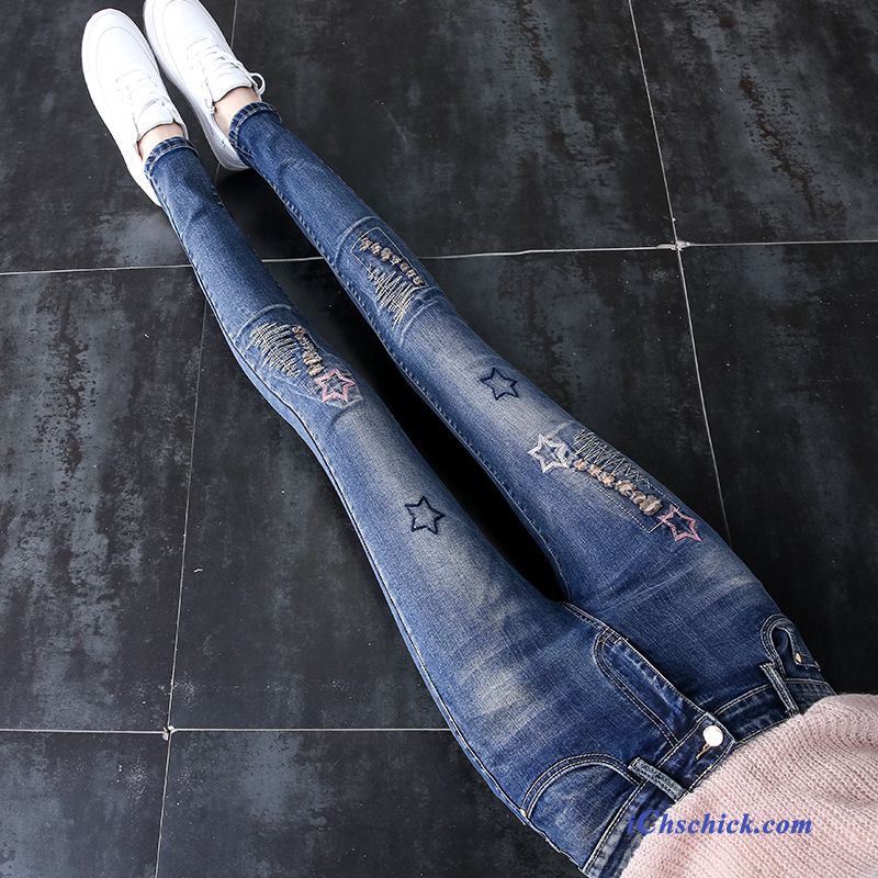 Bekleidung Jeans Schlank Neu Damen Stickerei Feder Dunkelblau Billige