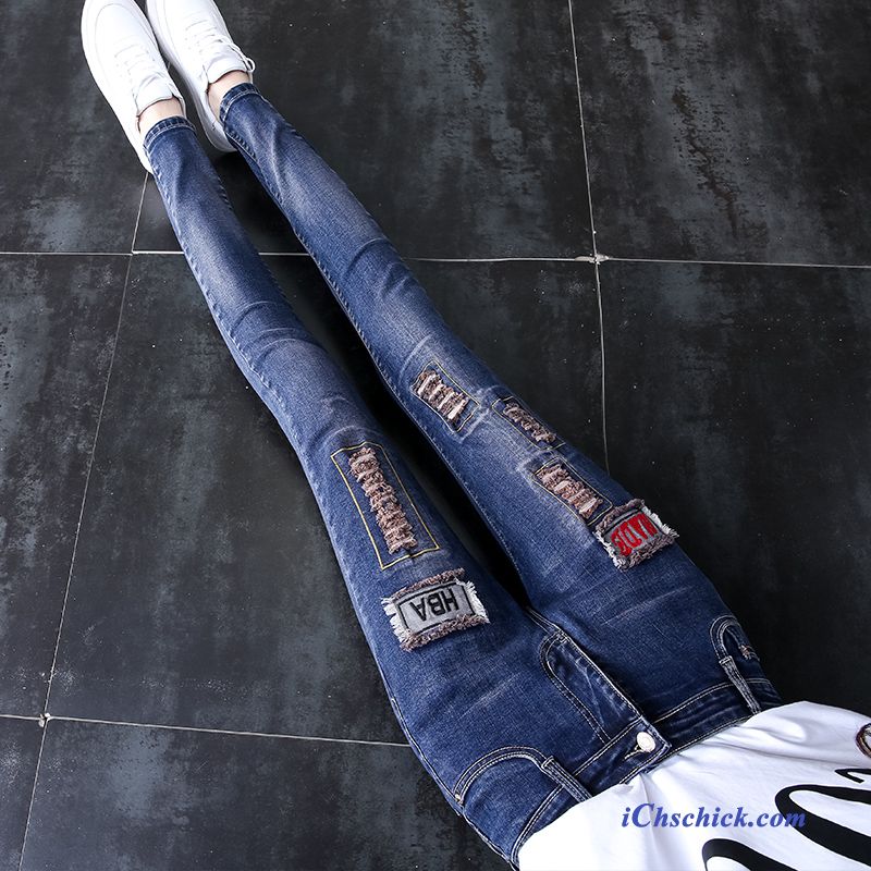 Bekleidung Jeans Schlank Neu Damen Stickerei Feder Dunkelblau Billige