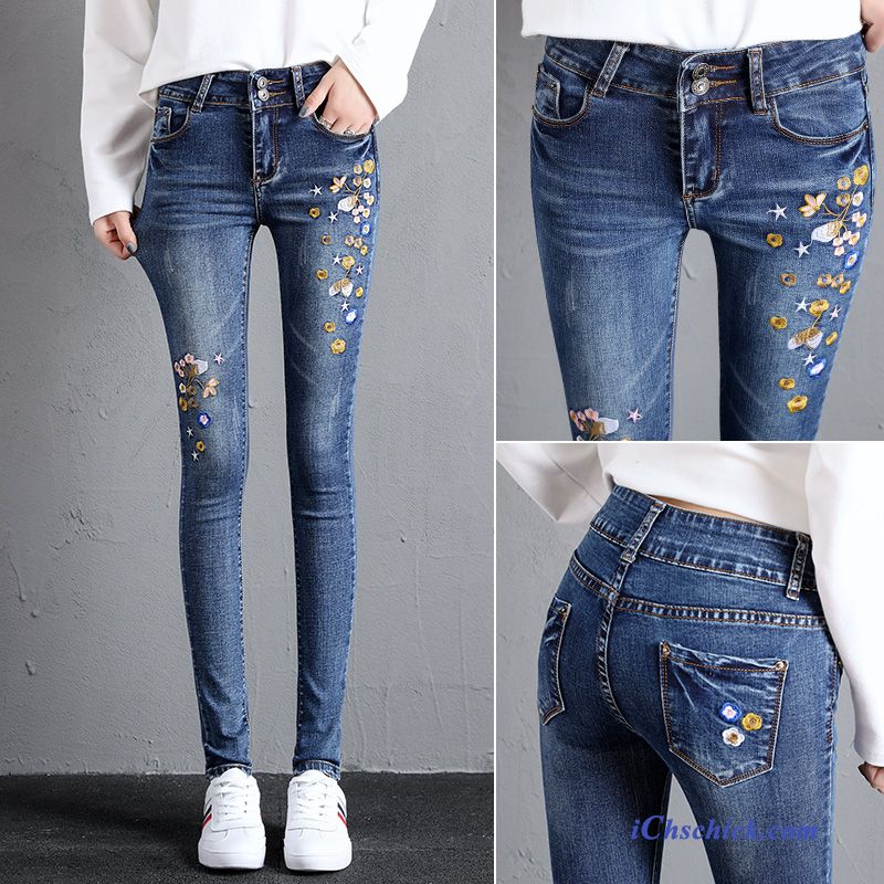 Bekleidung Jeans Schmales Bein Damen Bestickt Hose Neu Dunkelblau Bestellen