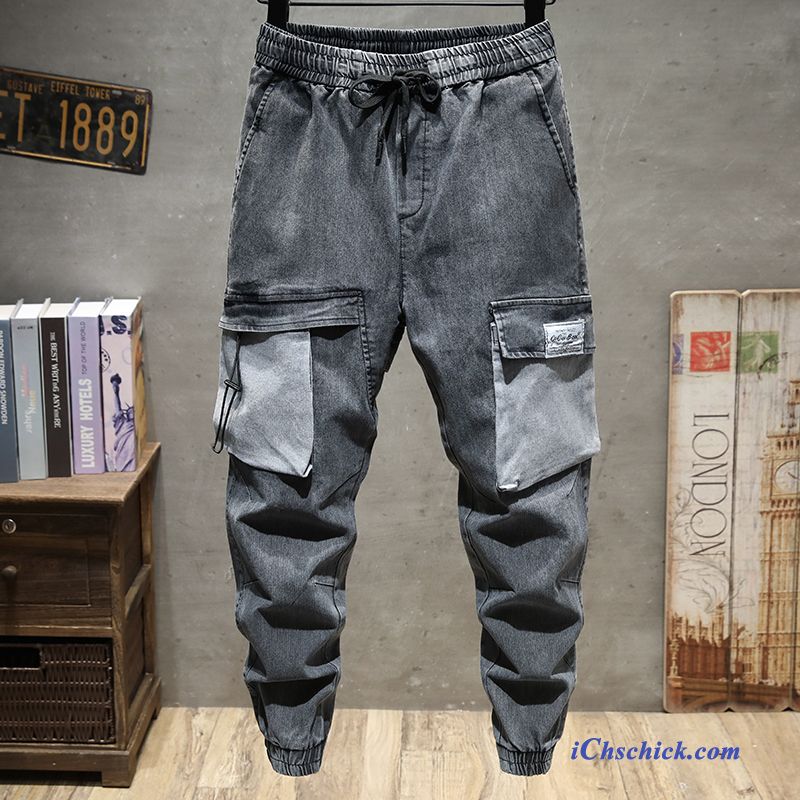 Bekleidung Jeans Sommer Multi-tasche Herren Trend Dünn Grau Dunkel Online