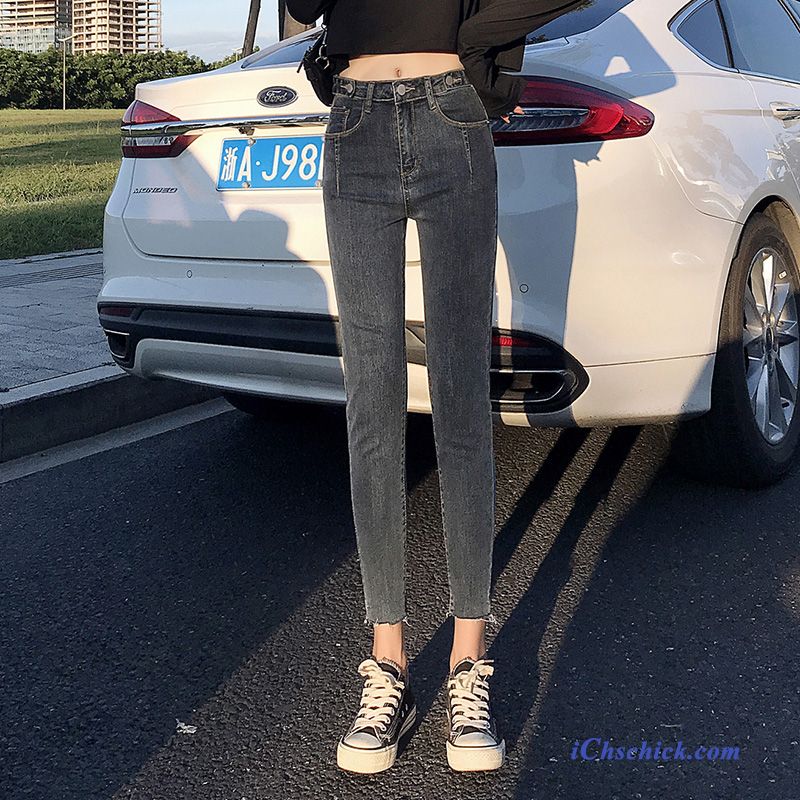 Bekleidung Jeans Trend Hohe Taille Dünn Fest Neunte Hose Grau Rot Billige