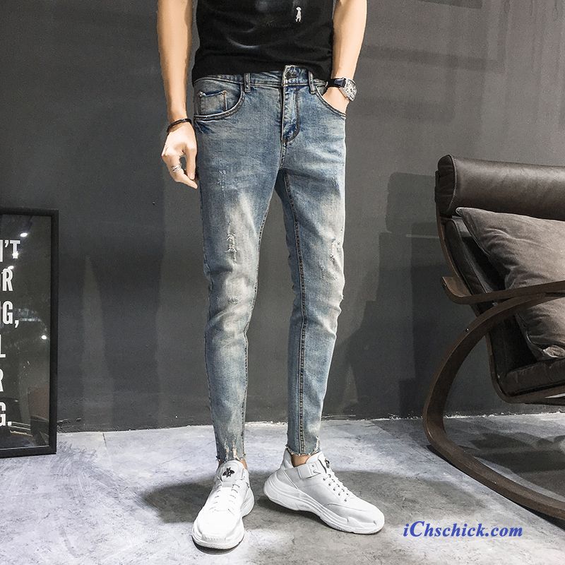 Bekleidung Jeans Trend Neu Schlank Löcher Herren Blau Online