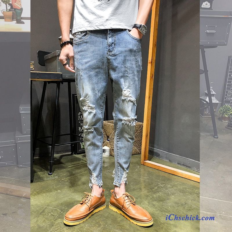 Bekleidung Jeans Trend Neu Schlank Löcher Herren Blau Online