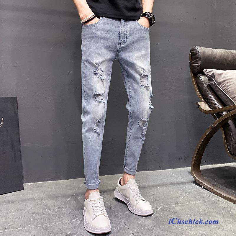 Bekleidung Jeans Trend Neu Schlank Löcher Herren Blau Online