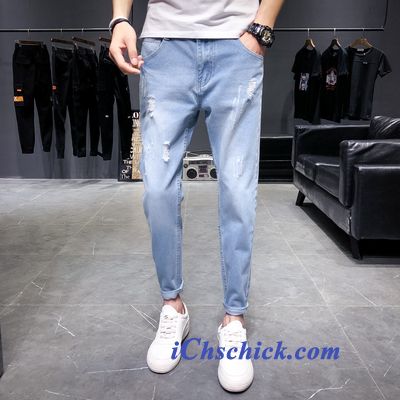 Bekleidung Jeans Trend Neu Schlank Löcher Herren Blau Online