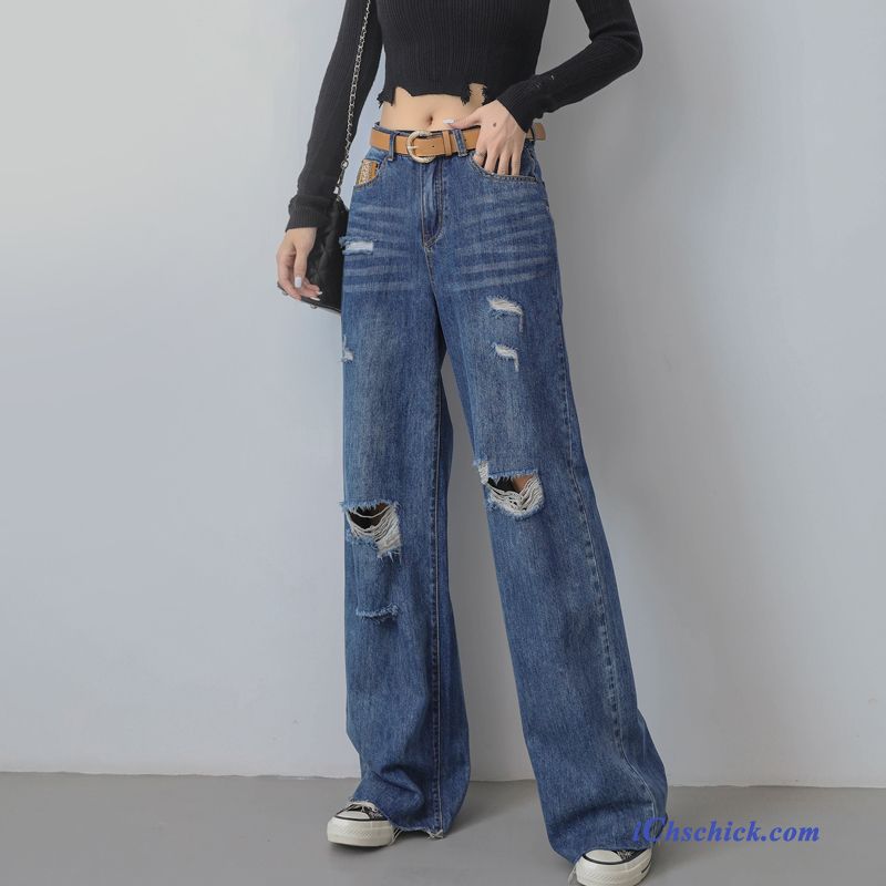 Bekleidung Jeans Weites Bein Damen Feder Neu Gerade Dunkelblau Sale