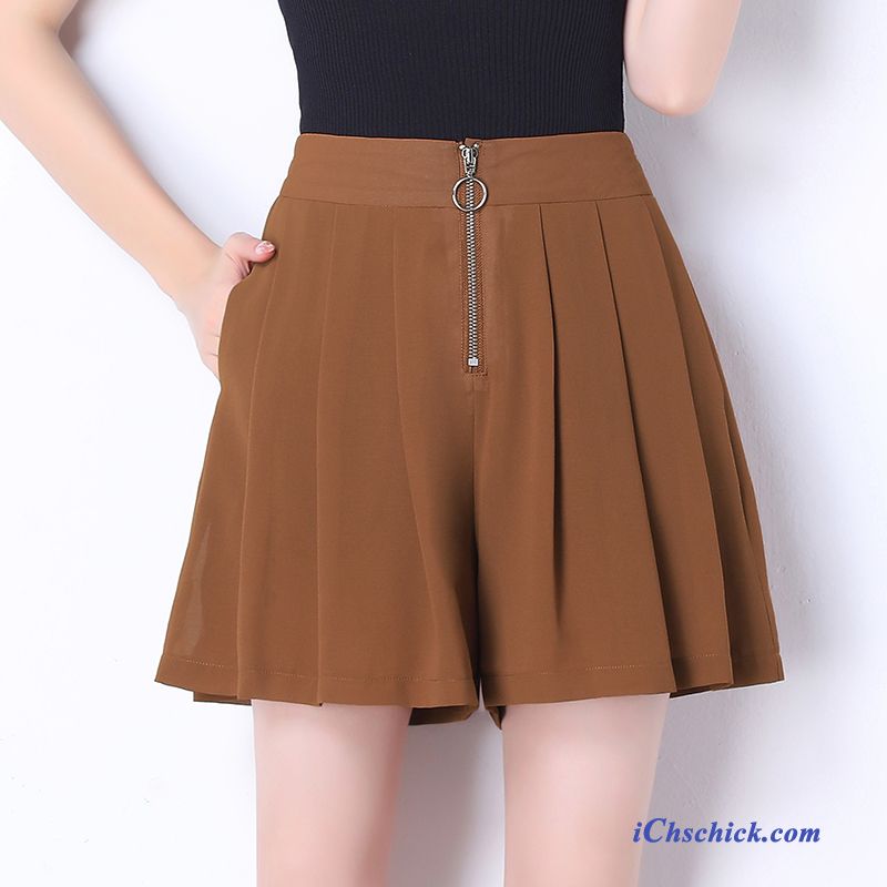 Bekleidung Kurze Hosen Dünn Hohe Taille Chiffon Damen Neu Khaki Sale