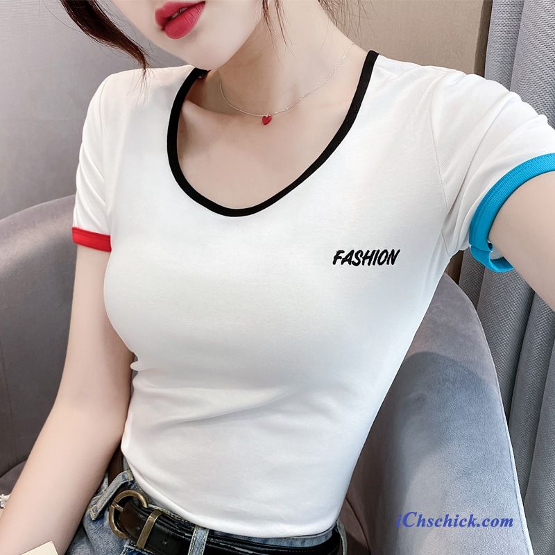 Bekleidung T-shirts Baumwolle Unteres Hemd Sommer Kontrastfarbe Damen Weiß Sale