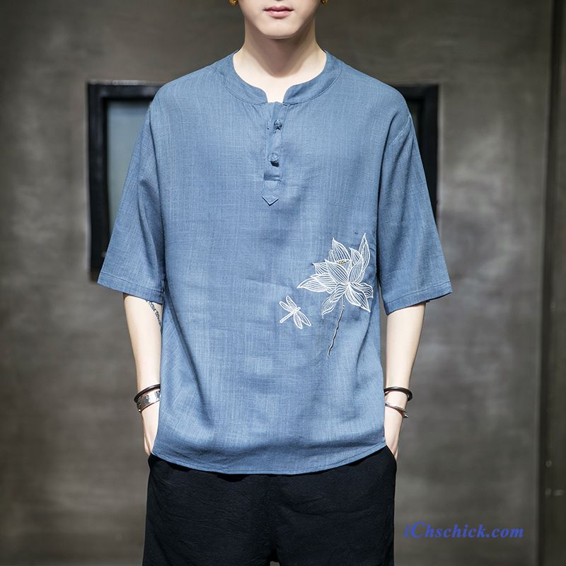 Bekleidung T-shirts Chinesischer Stil Halb Ärmel Kleider Dünn Trendmarke Blau Sale