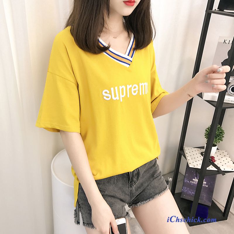 Bekleidung T-shirts Streifen Hülse Damen Ultra Neu Gelb Günstig