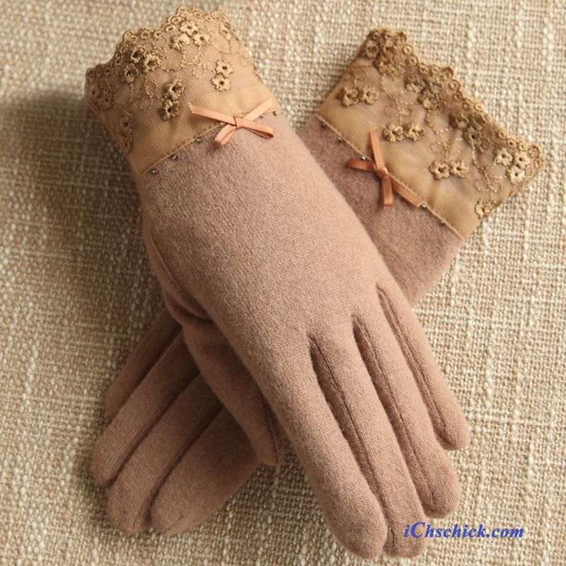 Damen Handschuhe Dicke Spitze Warm Halten Schafwolle Samt Purpur Lila Verkaufen