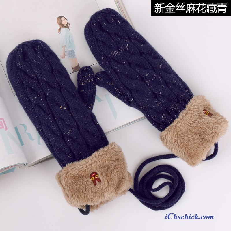 Damen Handschuhe Dicke Student Winter Plus Baumwolle Süß Dunkelblau Online