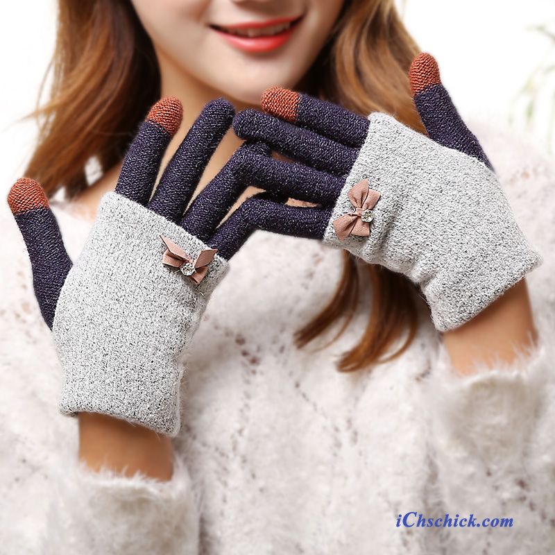 Damen Handschuhe Warm Halten Niedlich Winter Dicke Bowknot Blau Günstig