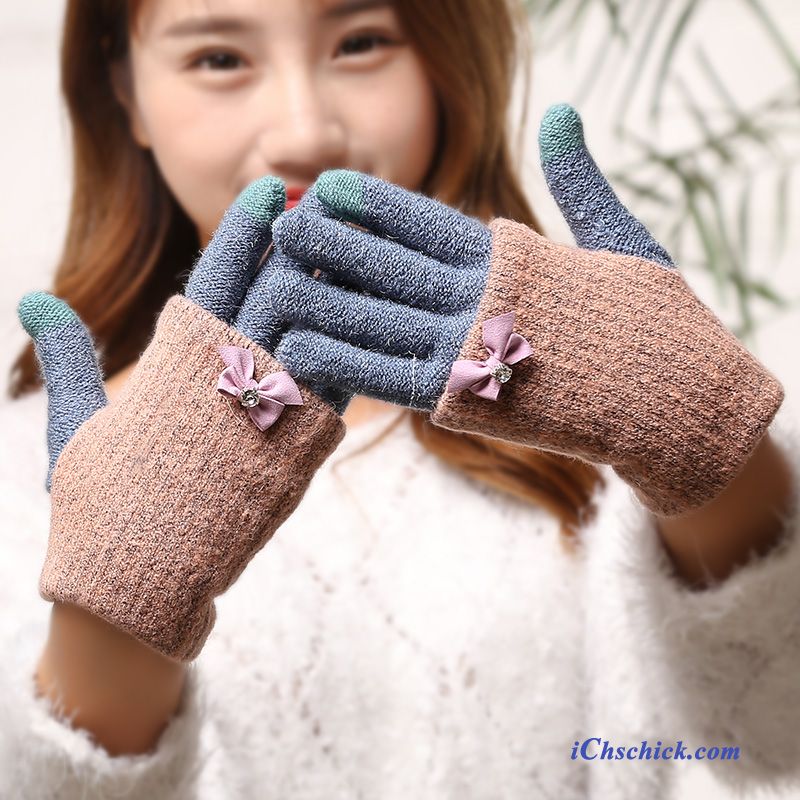 Damen Handschuhe Warm Halten Niedlich Winter Dicke Bowknot Blau Günstig