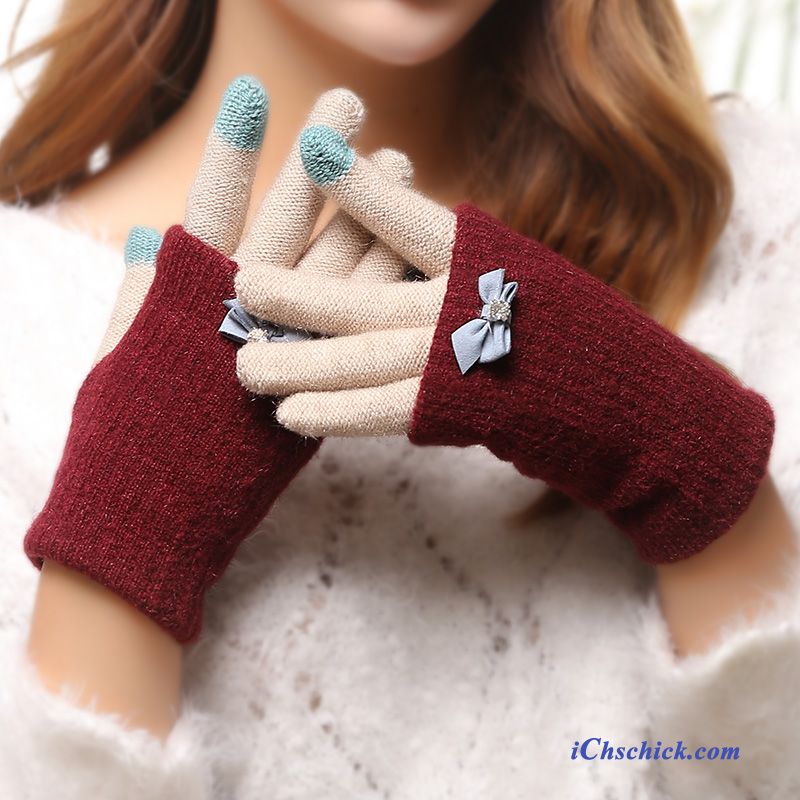Damen Handschuhe Warm Halten Niedlich Winter Dicke Bowknot Blau Günstig