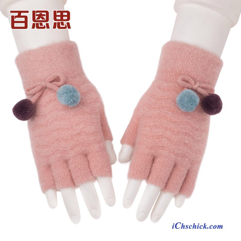Damen Handschuhe Warm Halten Pelzball Winter Student Wolle Rot Kaufen