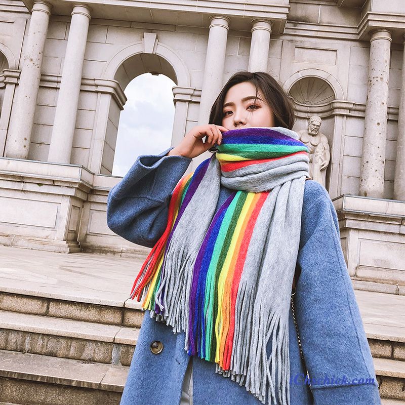 Damen Schal Doppelnutzen Herbst Winter Dicke Weiche Regenbogen Grau Verkaufen