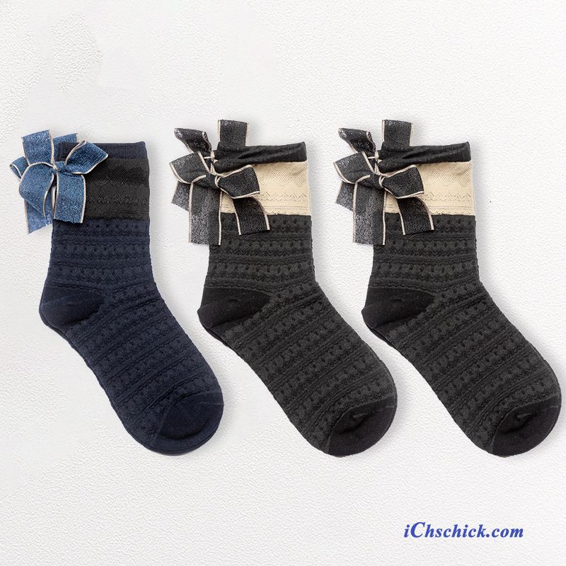 Damen Socken Weiche 100% Baumwolle Bowknot Niedlich Mid Schwarz Geschäft