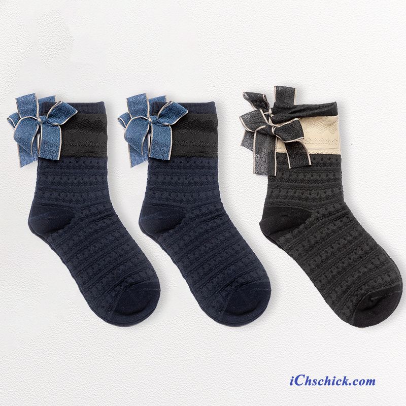 Damen Socken Weiche 100% Baumwolle Bowknot Niedlich Mid Schwarz Geschäft