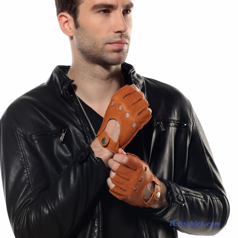 Herren Handschuhe Peau De Daim Dünne Halber Finger Echt Leder Sommer Braun Bestellen