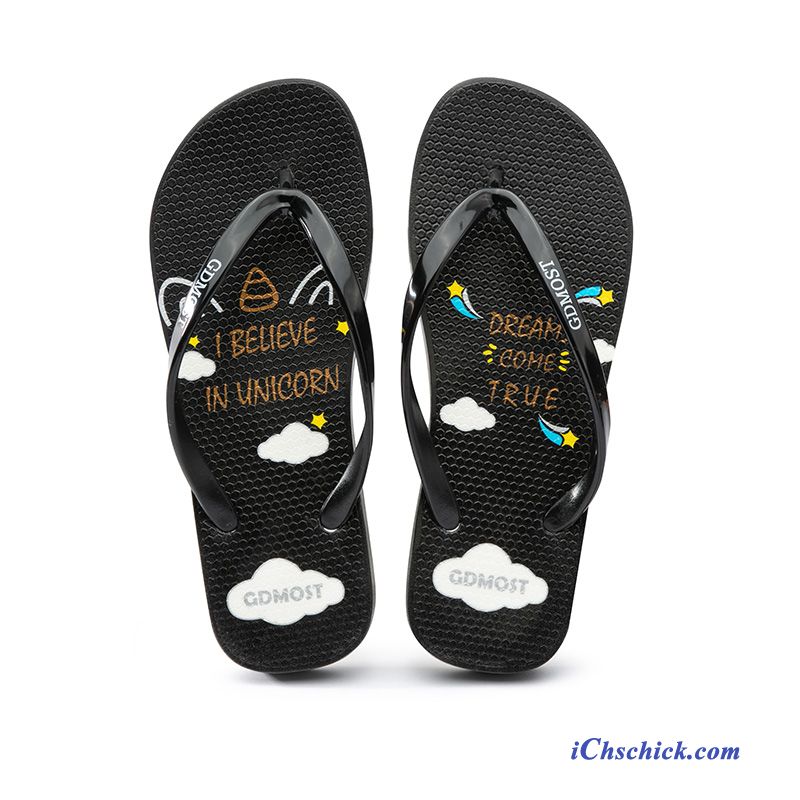 Schuhe Flip Flops Damen Dicke Sohle Einfach Schüler Flache Sandfarben Schwarz Billig