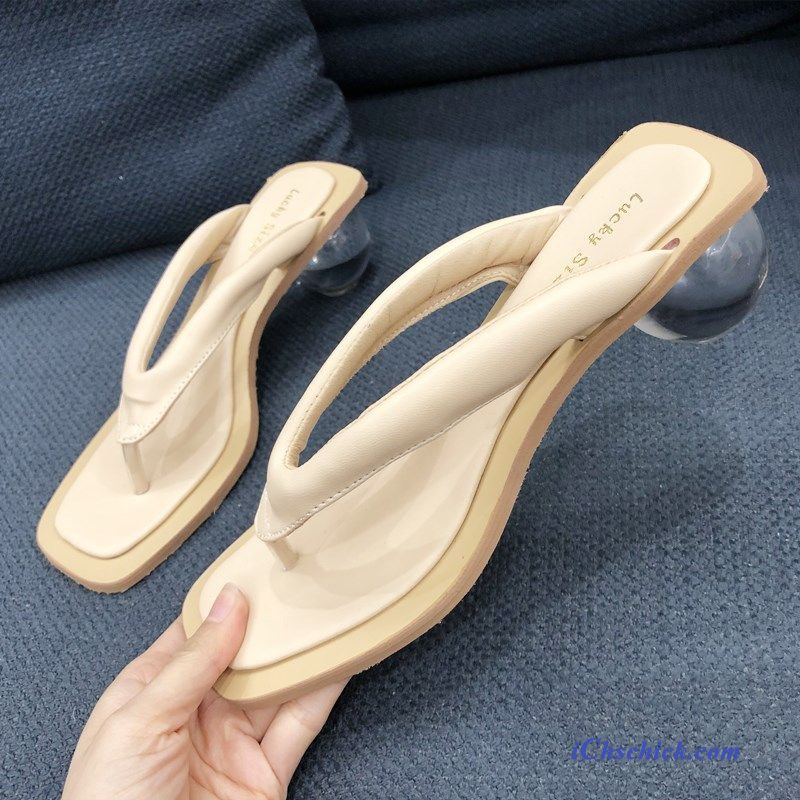 Schuhe Flip Flops Damen Neue Hausschuhe Hochhackigen Vierkantkopf Weiß Sale