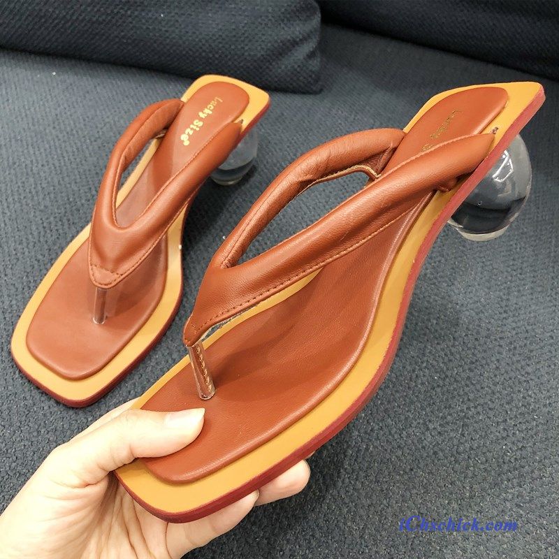 Schuhe Flip Flops Damen Neue Hausschuhe Hochhackigen Vierkantkopf Weiß Sale