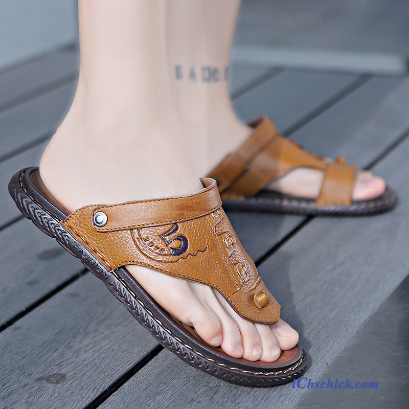 Schuhe Flip Flops Sommer Draussen Echtleder Rutschsicher Weiche Sohle Schwarz Günstig