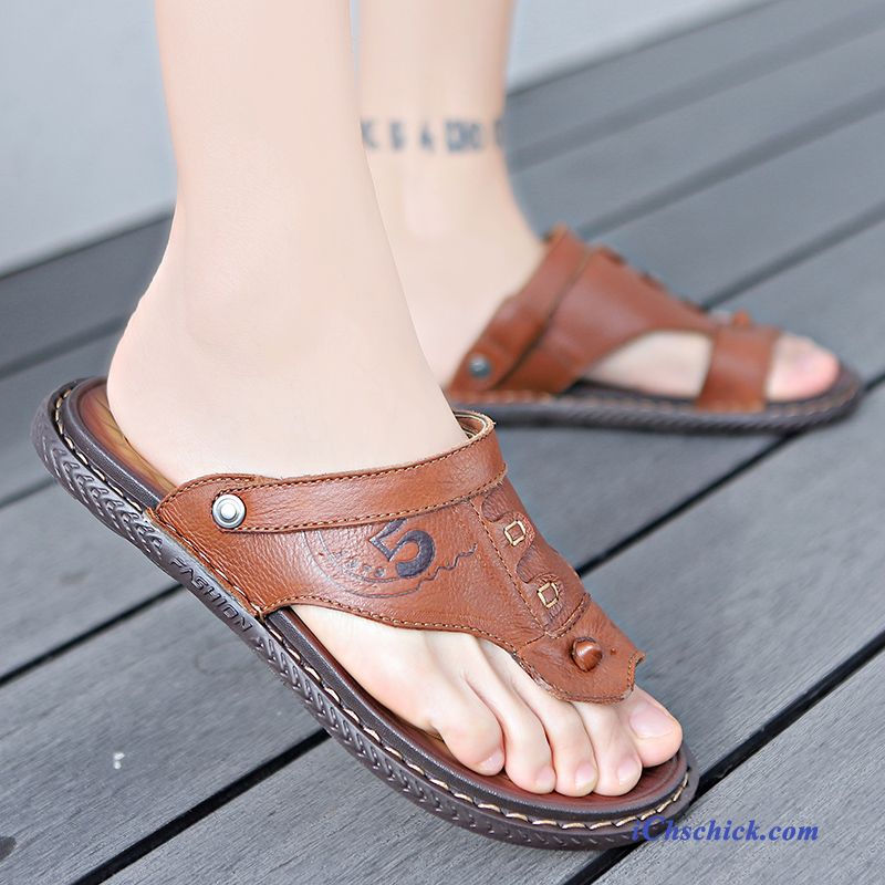 Schuhe Flip Flops Sommer Draussen Echtleder Rutschsicher Weiche Sohle Schwarz Günstig