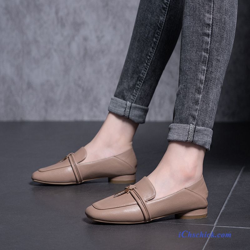 Schuhe Halbschuhe Damen Vierkantkopf Sommer Lederschuhe Neue Gold Beige Günstig