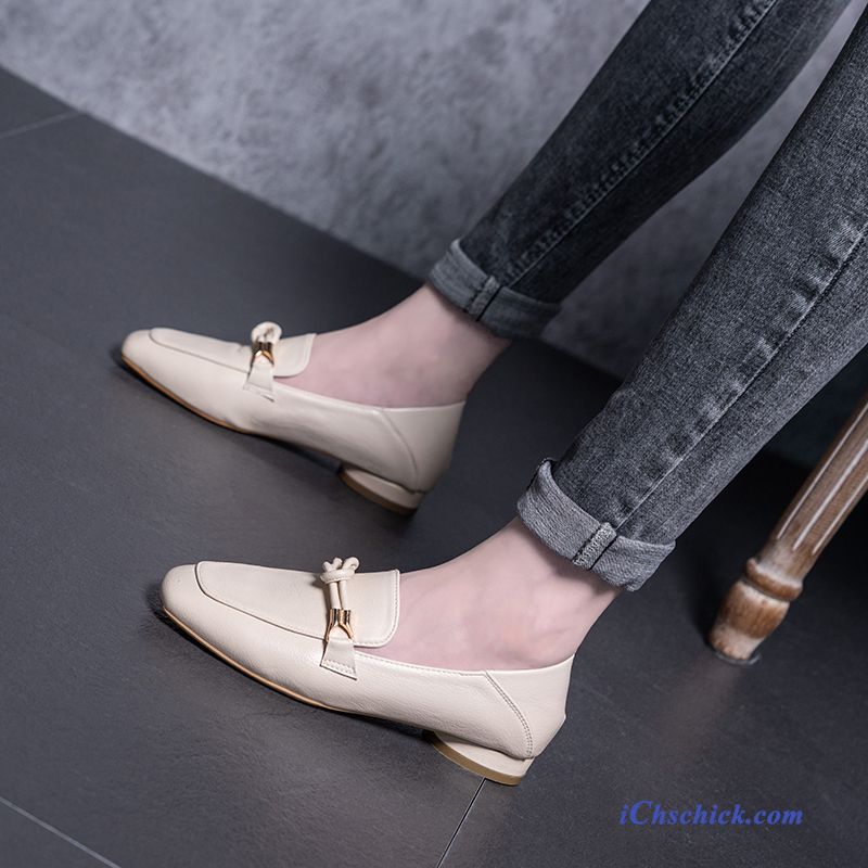 Schuhe Halbschuhe Damen Vierkantkopf Sommer Lederschuhe Neue Gold Beige Günstig