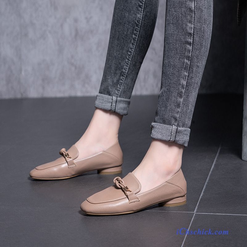 Schuhe Halbschuhe Damen Vierkantkopf Sommer Lederschuhe Neue Gold Beige Günstig