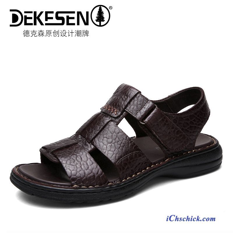 Schuhe Sandalen Casual Sommer Dicke Sohle Trend Echtleder Sandfarben Braun Sale