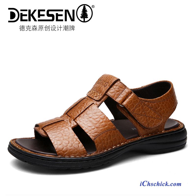 Schuhe Sandalen Casual Sommer Dicke Sohle Trend Echtleder Sandfarben Braun Sale