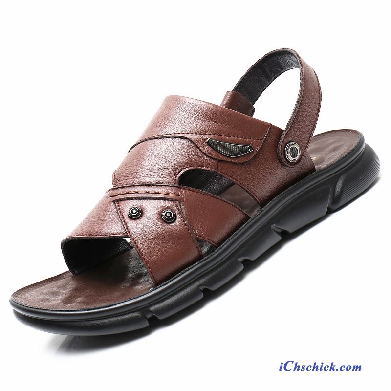 Schuhe Sandalen Echtleder Rutschsicher Offener Zeh Pantolette Oberleder Sandfarben Braun Online