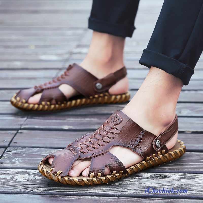 Schuhe Sandalen Pantolette Casual Leder Outwear Echtleder Sandfarben Braun Billig