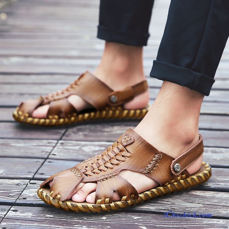 Schuhe Sandalen Pantolette Casual Leder Outwear Echtleder Sandfarben Braun Billig