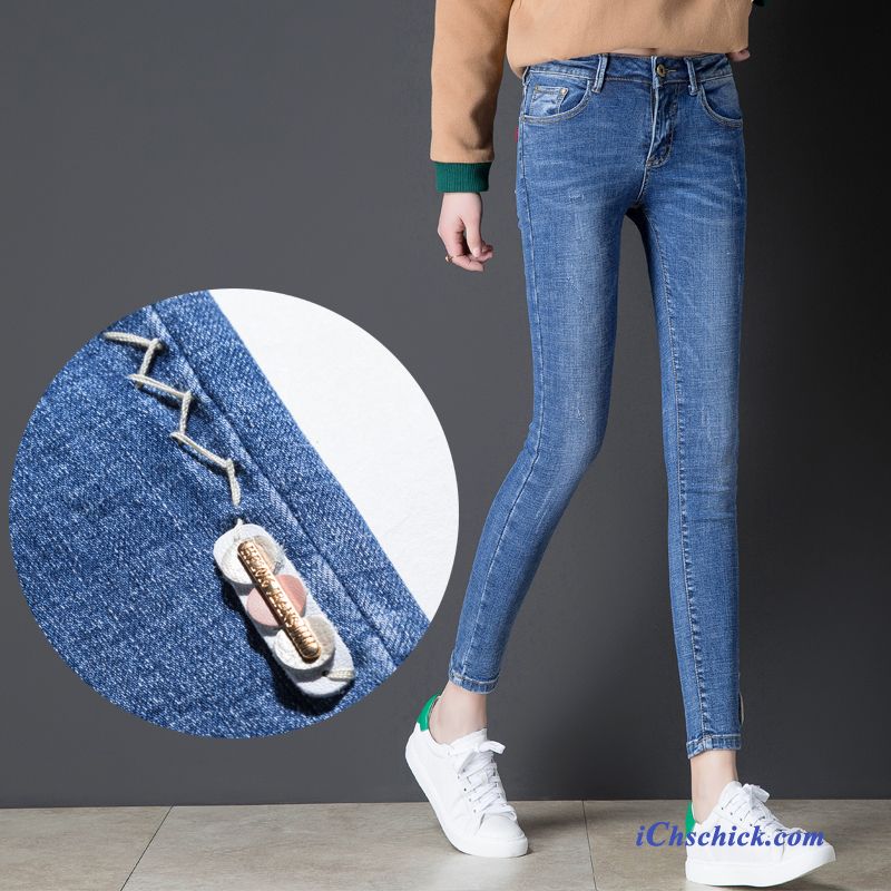 Weiße Jeans Destroyed Marineblau, Jeans Mit Knopfleiste Damen Verkaufen