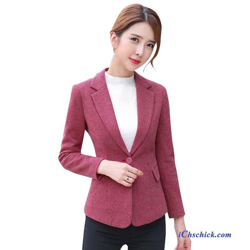 Bekleidung Anzugjacke Feder Kleiner Stil Blazer Dünn Gitter Rosa Rot Billig