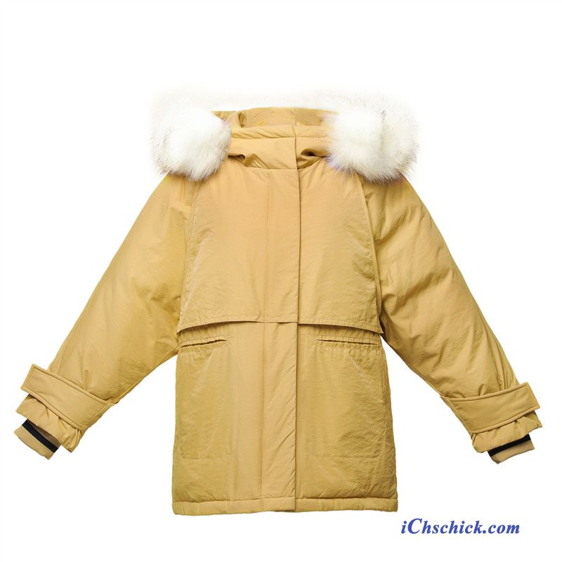 Bekleidung Baumwolle Mantel Große Größe Temperament Damen Großer Pelzkragen Reißverschluss Gelb Günstig